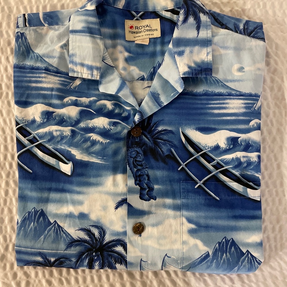 ROYAL HAWAIIAN CREATIONS Made In Hawaii‎ Island Print in Blue Size L